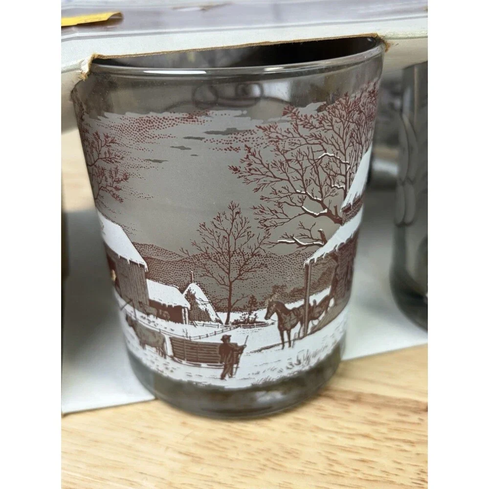 4 Vintage Currier and Ives Lowball Glasses The Old Homestead In Winter NOS